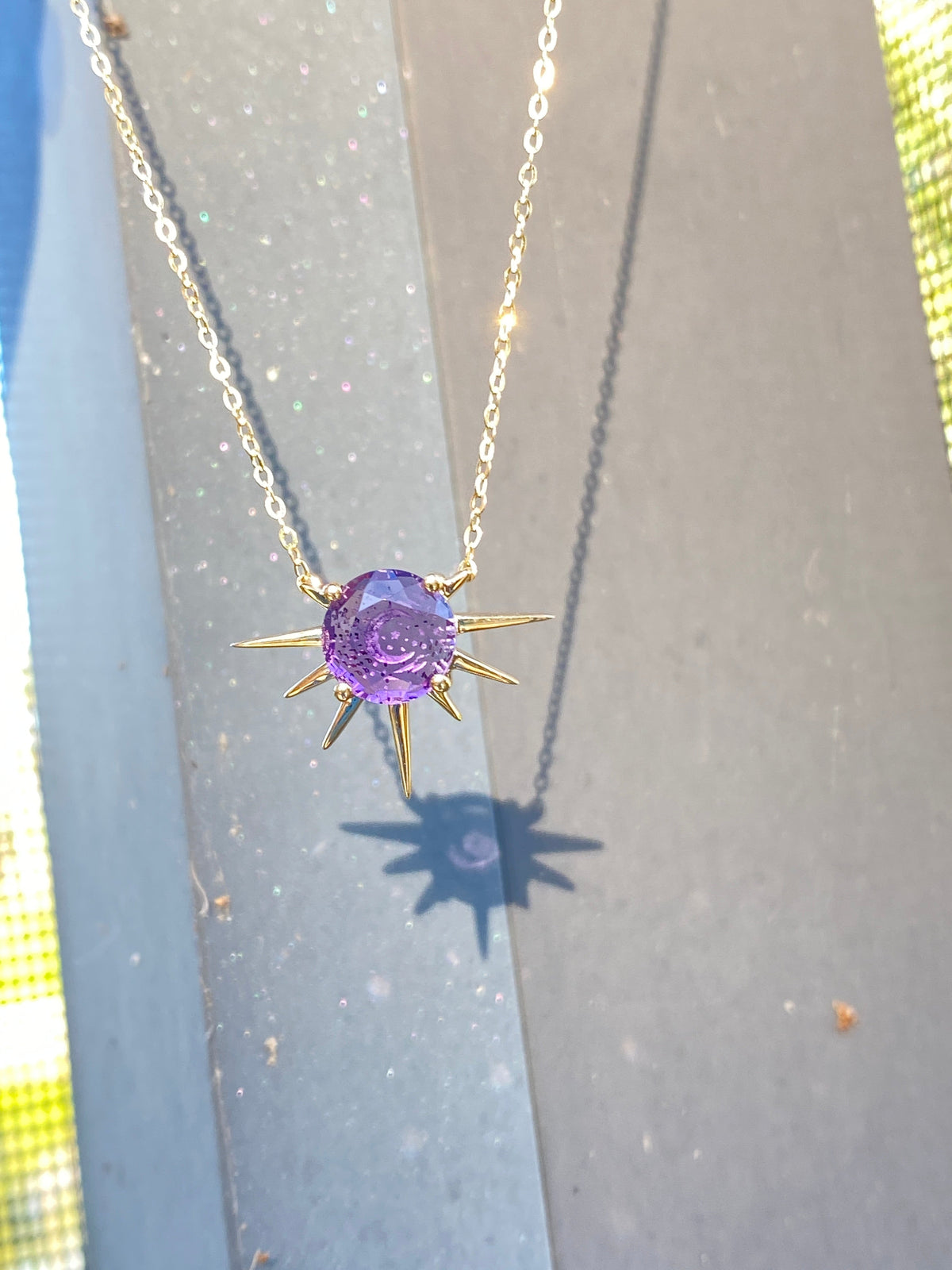 Amethyst Intaglio Moon and Stars Sunray Necklace 9K Gold R4468 Aurora Designer