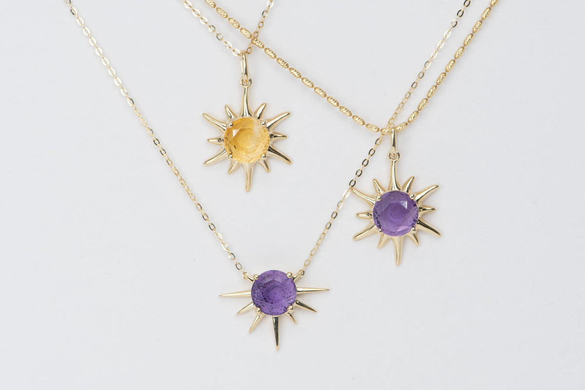 Amethyst and Citrine Intaglio Moon and Stars Sunray Pendant 9K Gold R4467 Aurora Designer