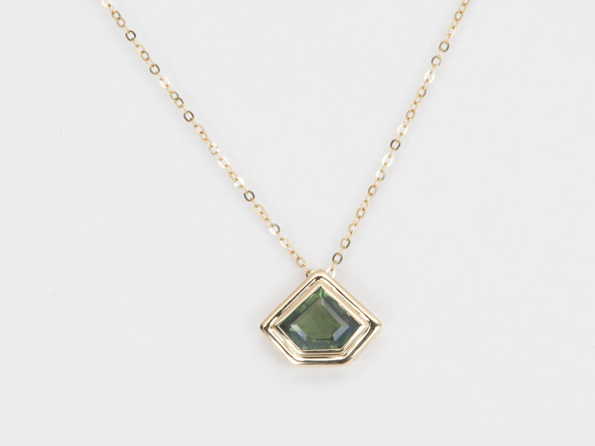 1.8ct Shield Shape Australian Sapphire Double Bezel Set Pendant Necklace 14K Gold R4473 Aurora Designer