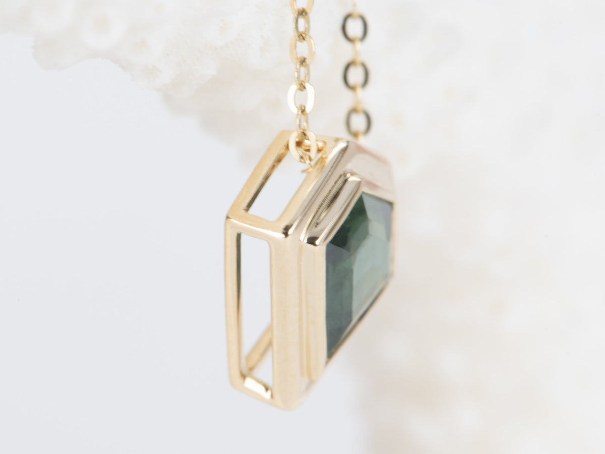 1.8ct Shield Shape Australian Sapphire Double Bezel Set Pendant Necklace 14K Gold R4473 Aurora Designer