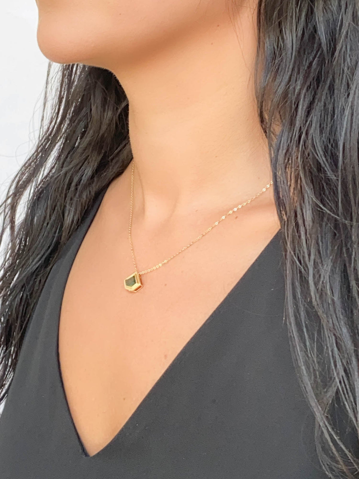 1.8ct Shield Shape Australian Sapphire Double Bezel Set Pendant Necklace 14K Gold R4473 Aurora Designer