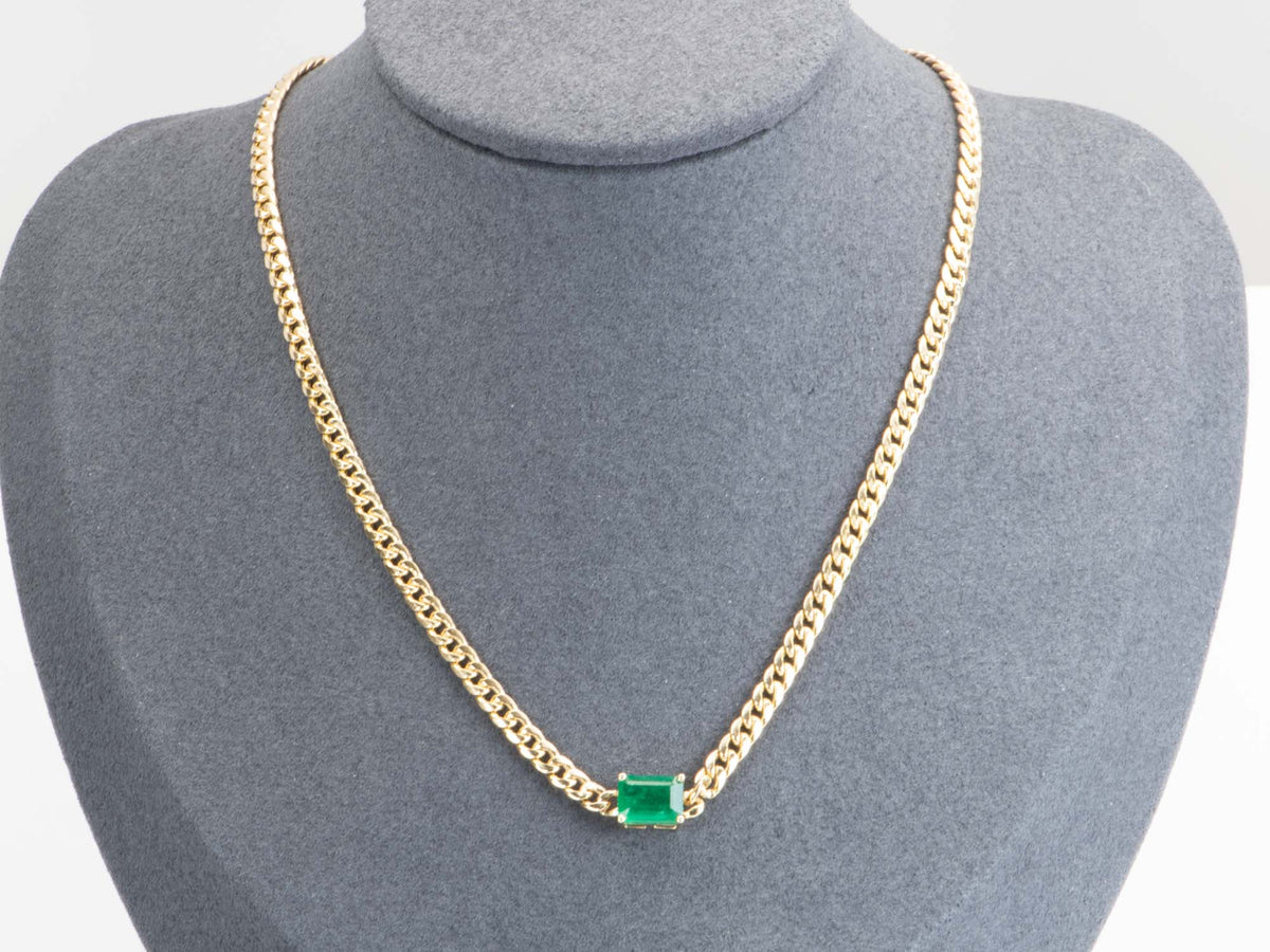 1.81ct Zambian Emerald Sideways Set Choker Necklace on Miami Cuban Chain 14K Gold R4476 Aurora Designer