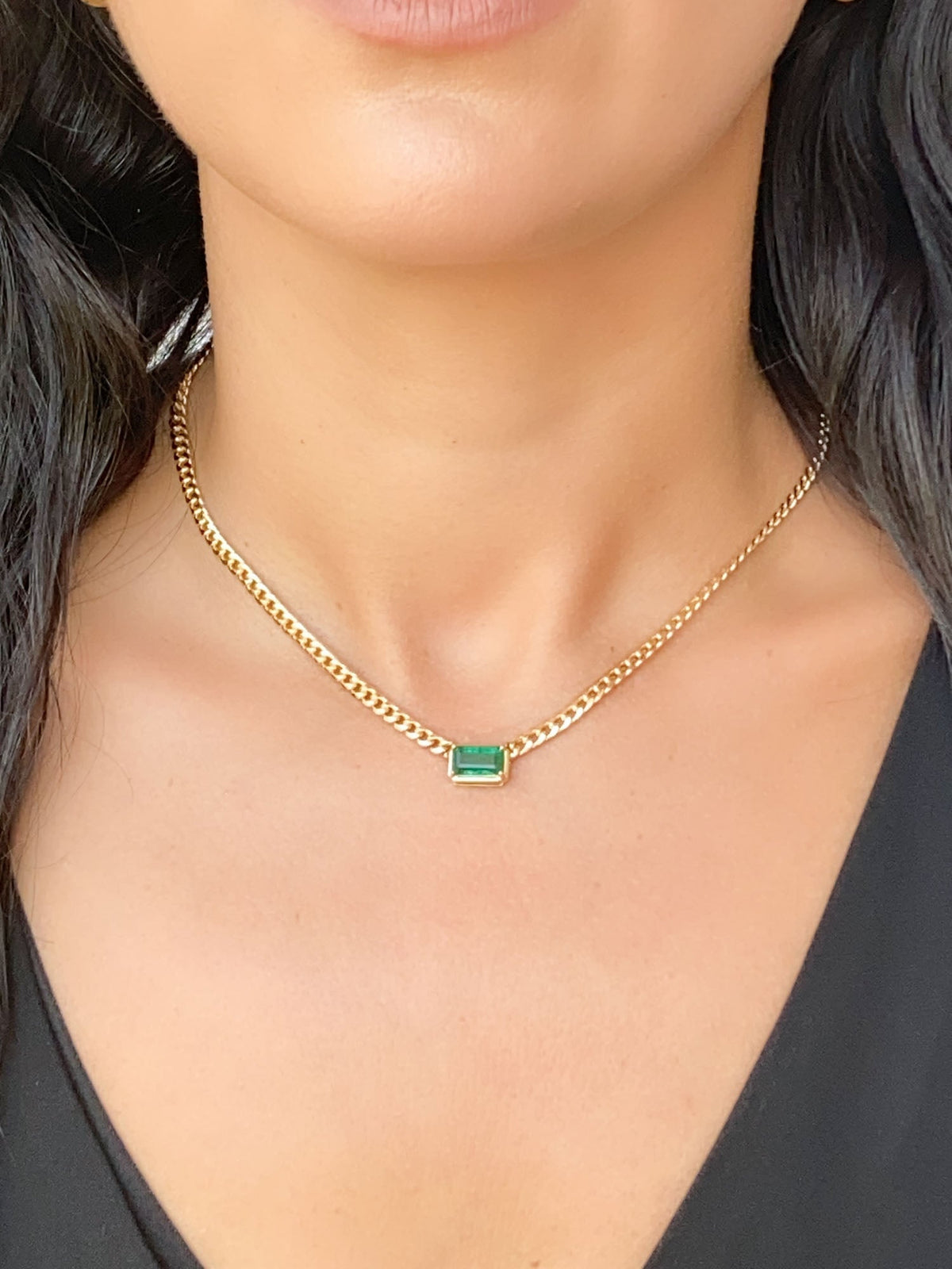 1.81ct Zambian Emerald Sideways Set Choker Necklace on Miami Cuban Chain 14K Gold R4476 Aurora Designer