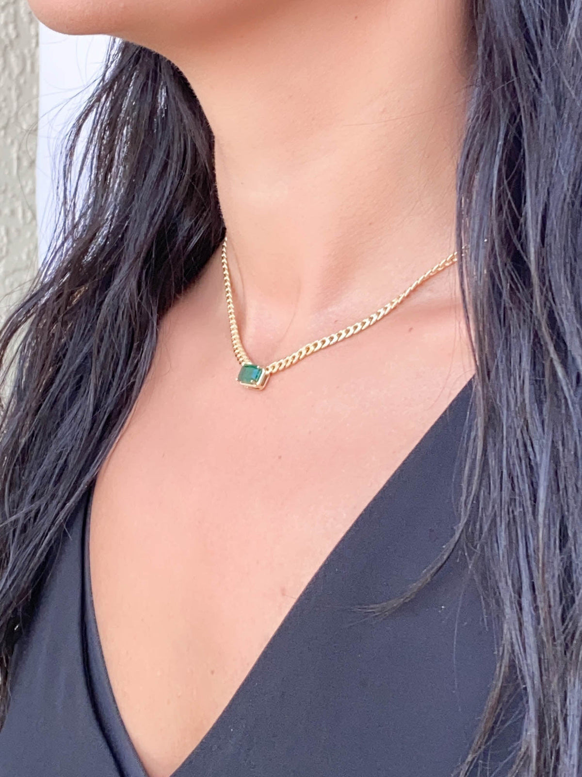 1.81ct Zambian Emerald Sideways Set Choker Necklace on Miami Cuban Chain 14K Gold R4476 Aurora Designer