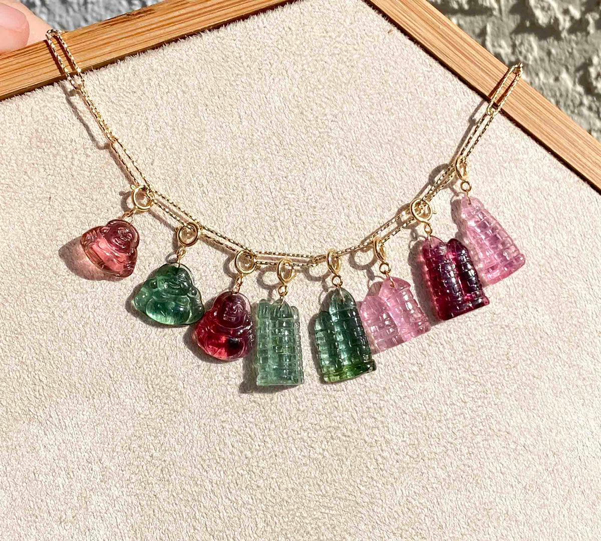 Tourmaline Buddha Carving Pendant Charm with 18K Gold Bail R4483 Aurora Designer