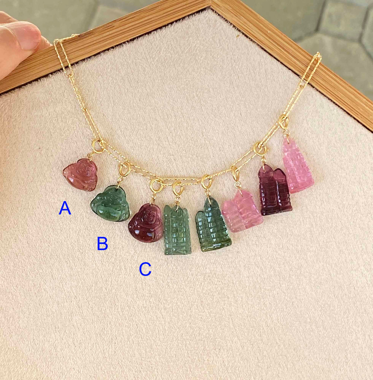 Tourmaline Buddha Carving Pendant Charm with 18K Gold Bail R4483 Aurora Designer