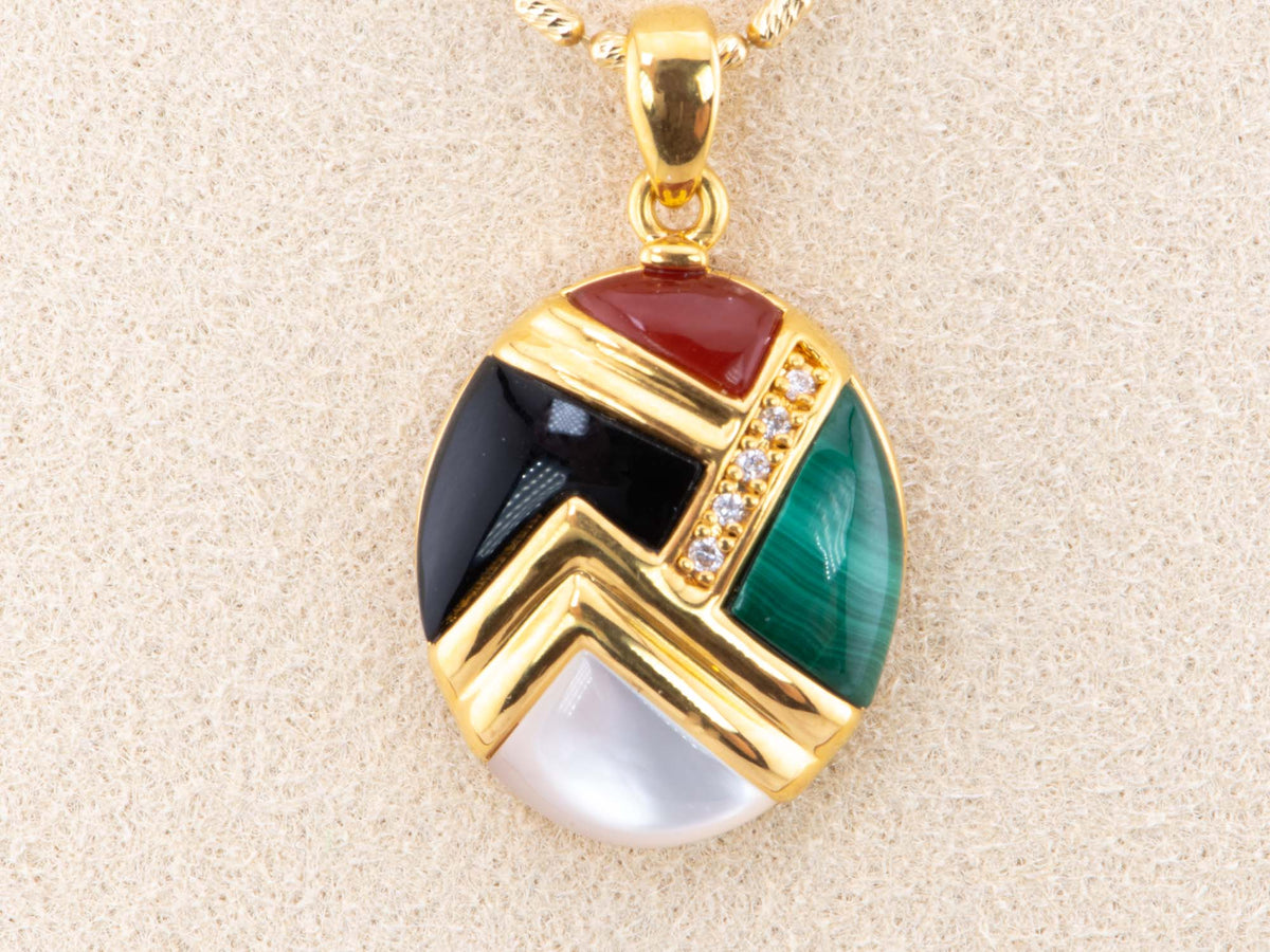 18K Gold Onyx Malachite Agate Mother of Pearl Inlay Diamond Accent Pendant Light Weight R4488 Aurora Designer
