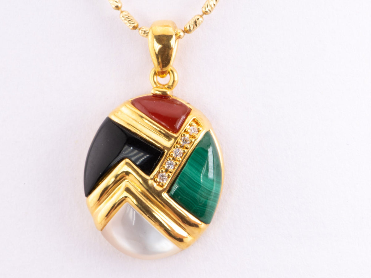 18K Gold Onyx Malachite Agate Mother of Pearl Inlay Diamond Accent Pendant Light Weight R4488 Aurora Designer