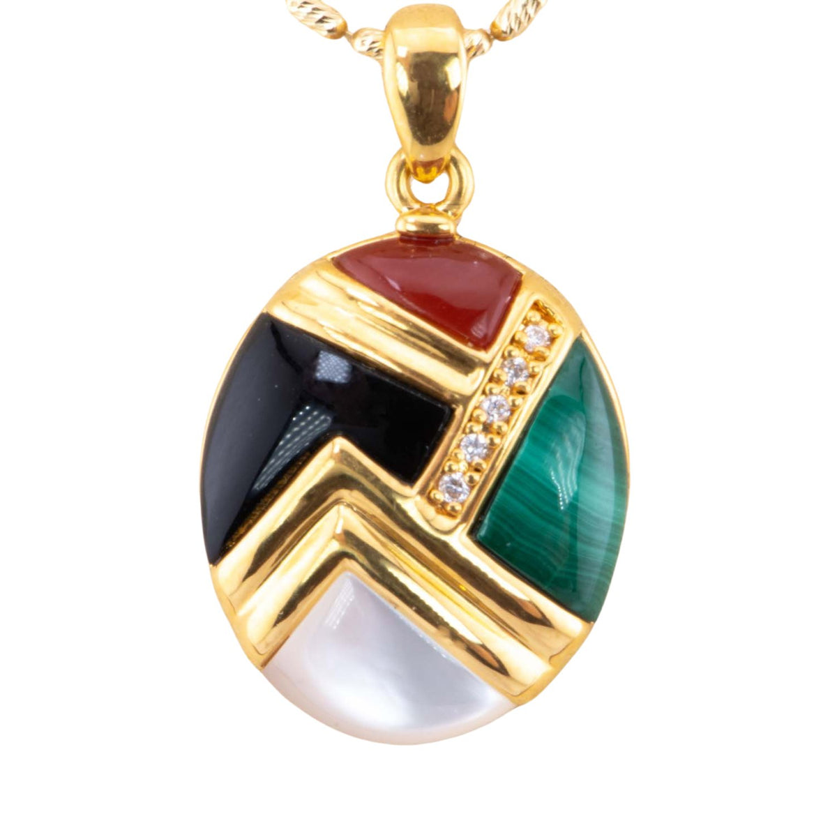 18K Gold Onyx Malachite Agate Mother of Pearl Inlay Diamond Accent Pendant Light Weight R4488 Aurora Designer