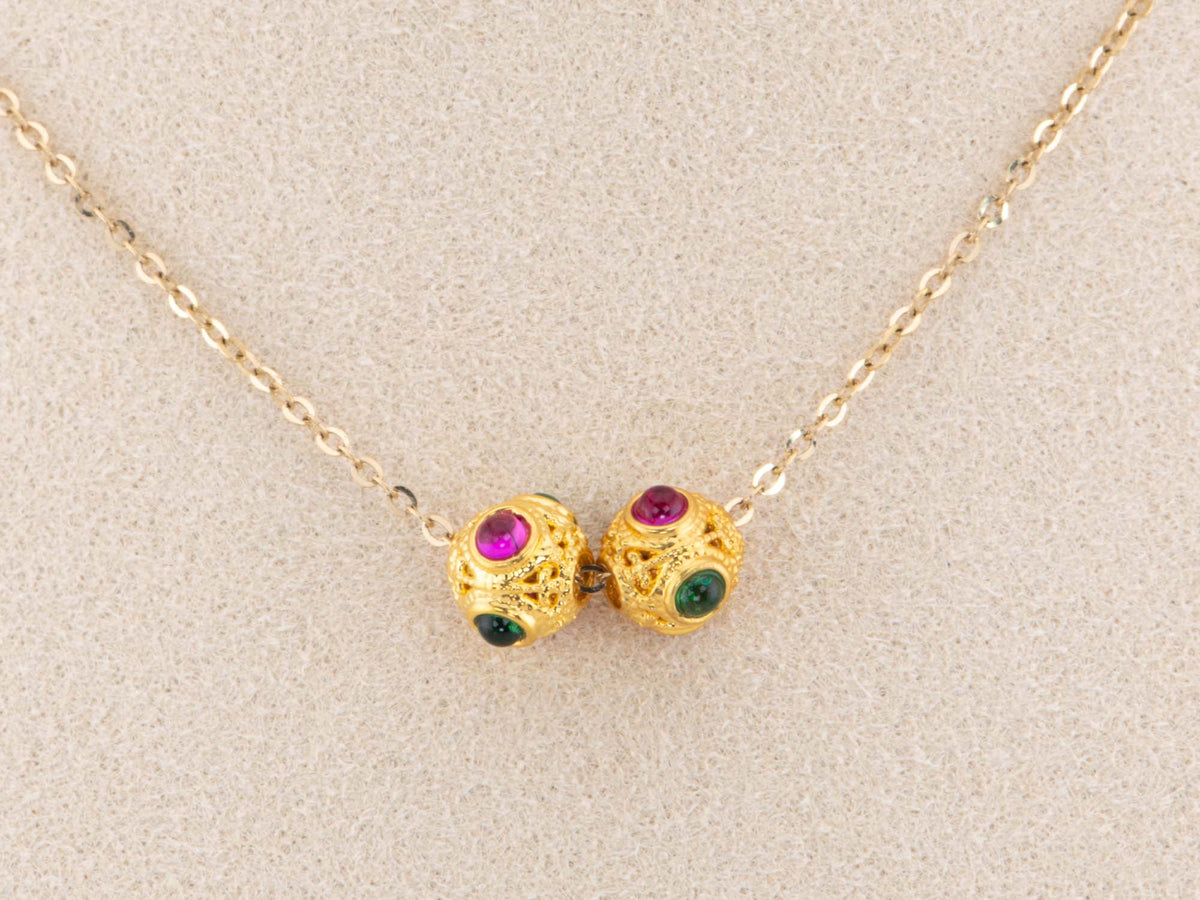 18K Gold Filigree Bead 7mm Size with Red and Green Gemstone R4499 Aurora Designer