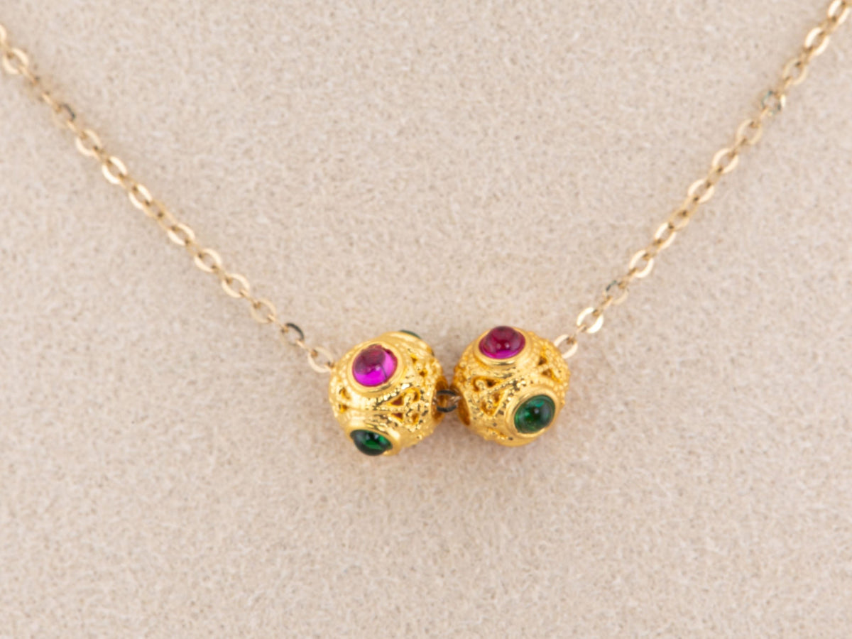 18K Gold Filigree Bead 7mm Size with Red and Green Gemstone R4499 Aurora Designer