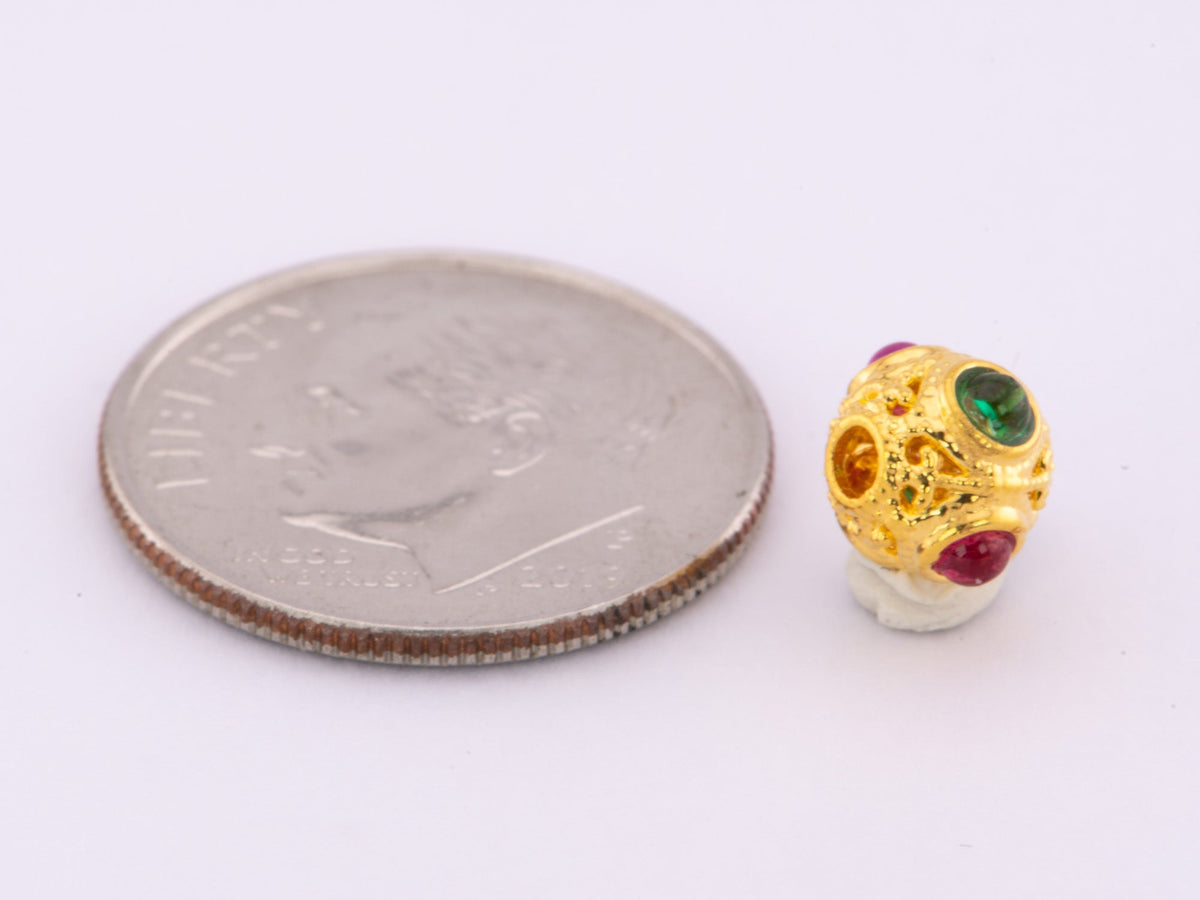 18K Gold Filigree Bead 7mm Size with Red and Green Gemstone R4499 Aurora Designer