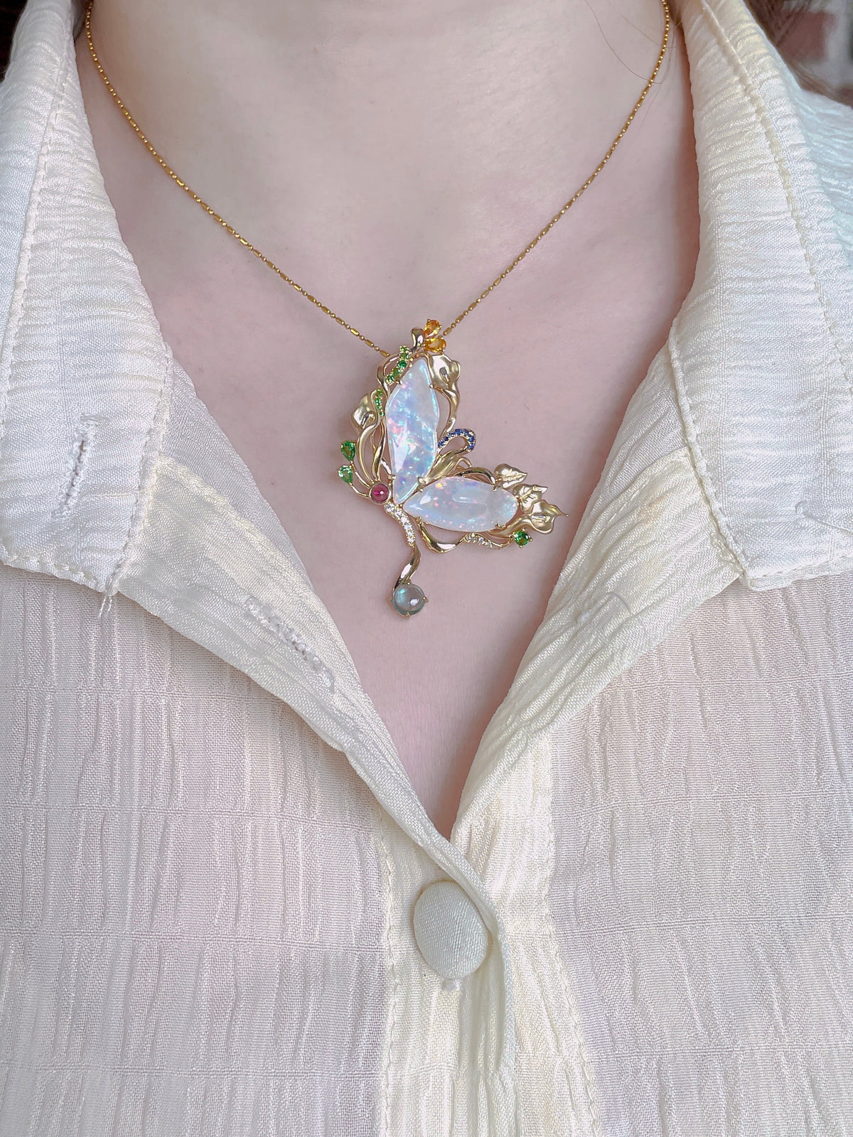 5.93ct Solid Australian Opal Butterfly Pendant Brooch 14K Gold R4501 Aurora Designer