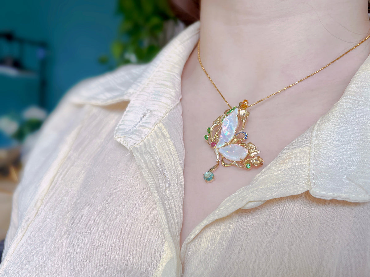5.93ct Solid Australian Opal Butterfly Pendant Brooch 14K Gold R4501 Aurora Designer