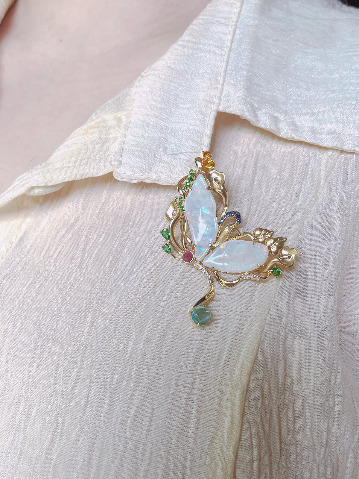 5.93ct Solid Australian Opal Butterfly Pendant Brooch 14K Gold R4501 Aurora Designer
