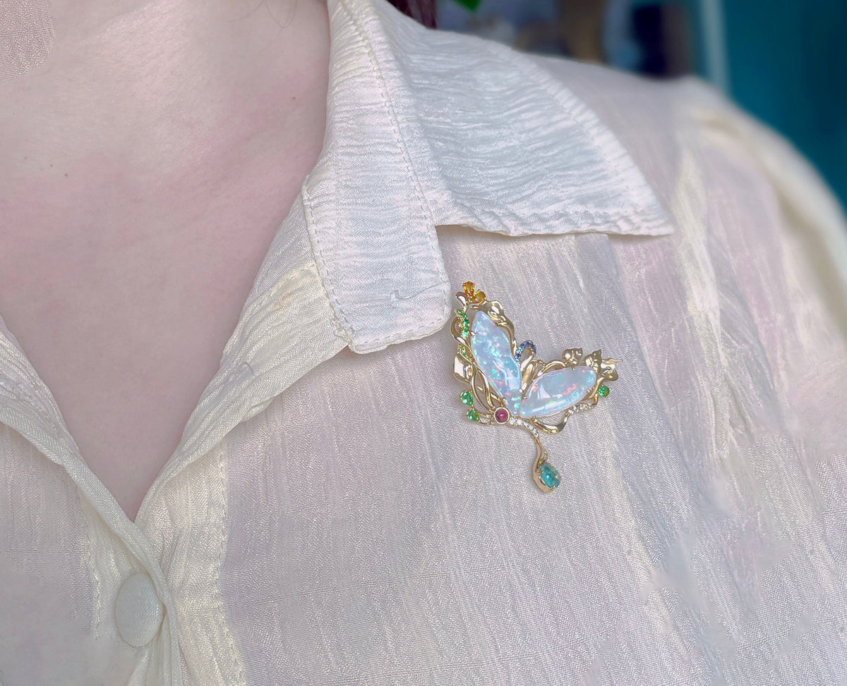 5.93ct Solid Australian Opal Butterfly Pendant Brooch 14K Gold R4501 Aurora Designer