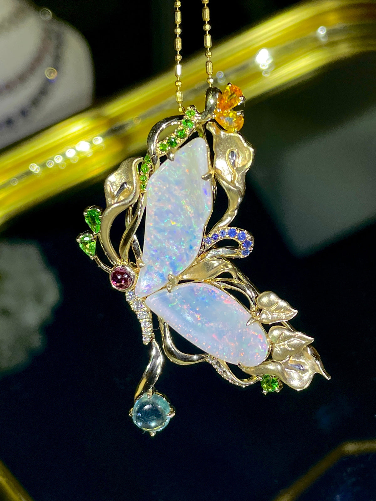 5.93ct Solid Australian Opal Butterfly Pendant Brooch 14K Gold R4501 Aurora Designer