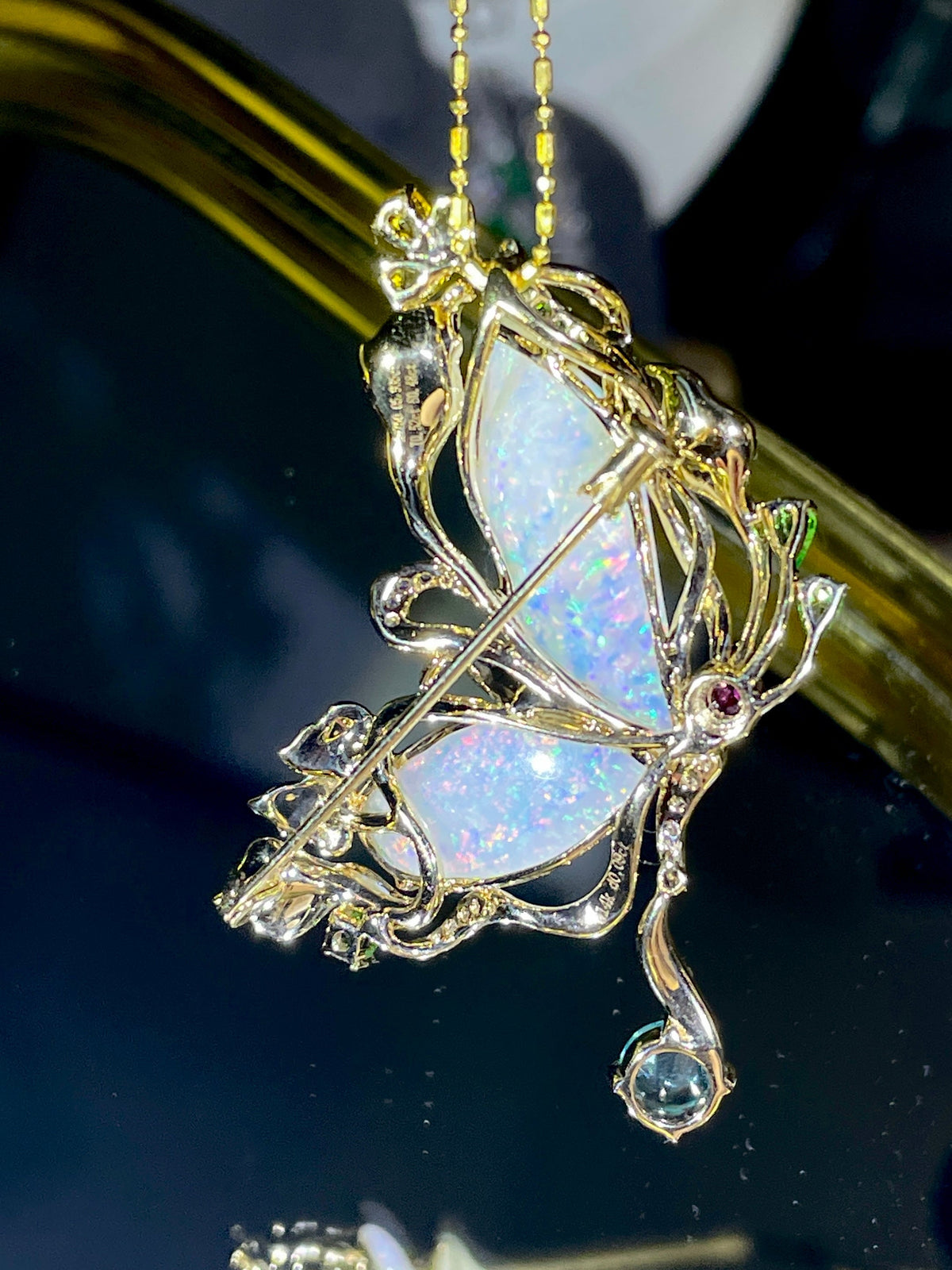 5.93ct Solid Australian Opal Butterfly Pendant Brooch 14K Gold R4501 Aurora Designer
