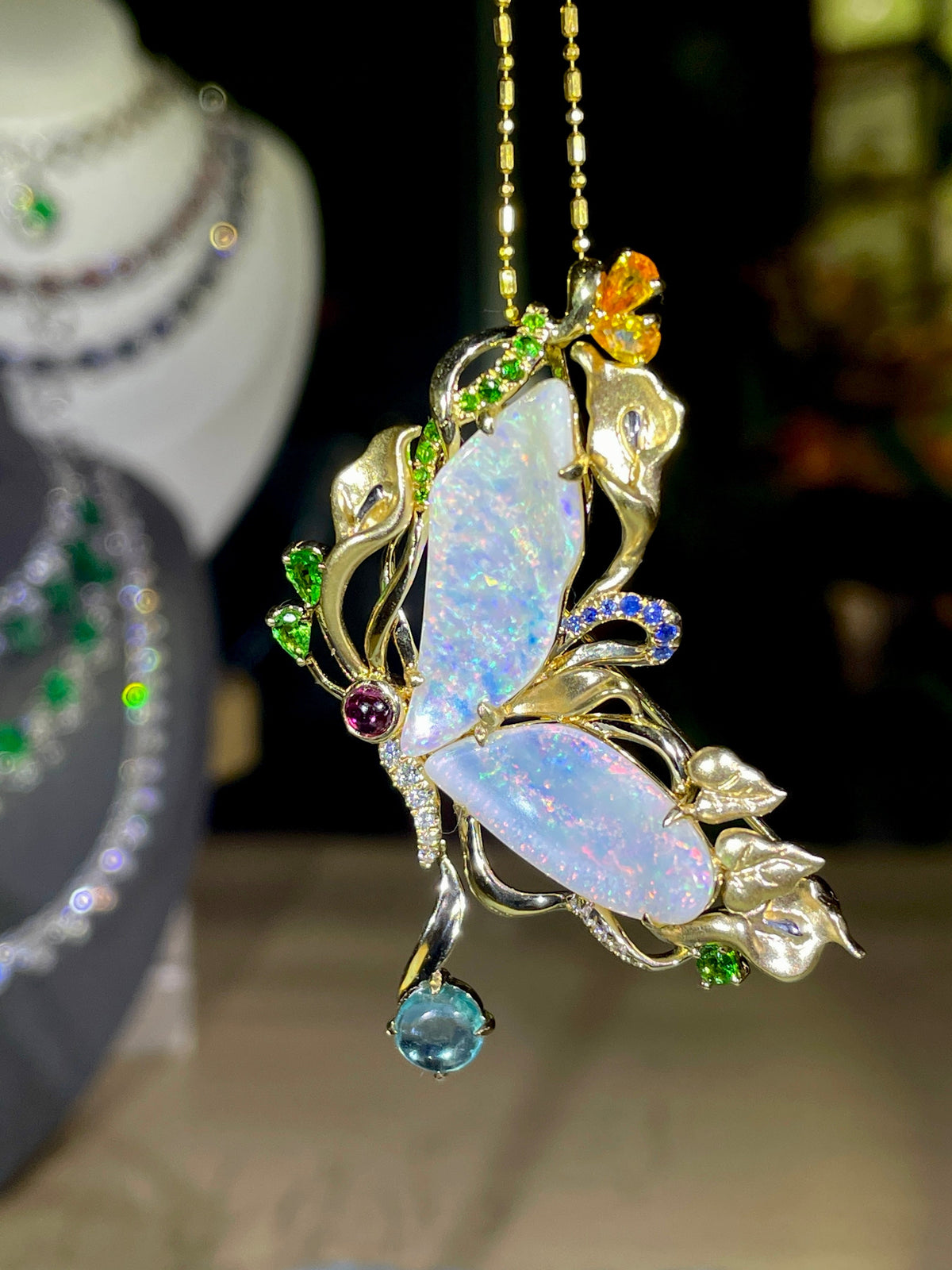 5.93ct Solid Australian Opal Butterfly Pendant Brooch 14K Gold R4501 Aurora Designer