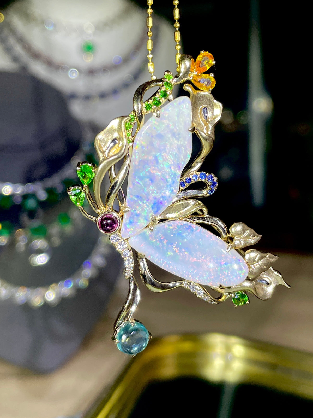 5.93ct Solid Australian Opal Butterfly Pendant Brooch 14K Gold R4501 Aurora Designer