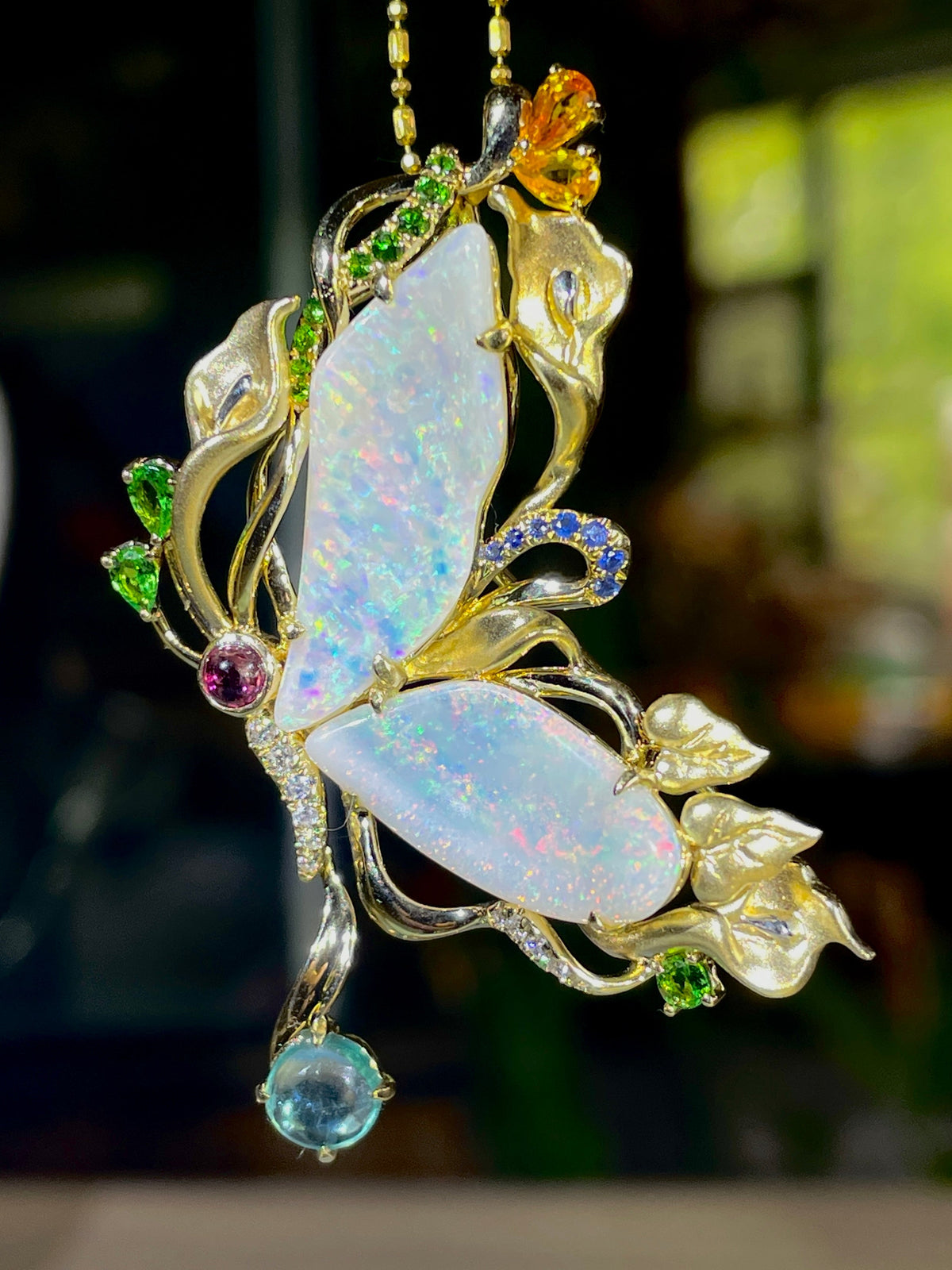 5.93ct Solid Australian Opal Butterfly Pendant Brooch 14K Gold R4501 Aurora Designer