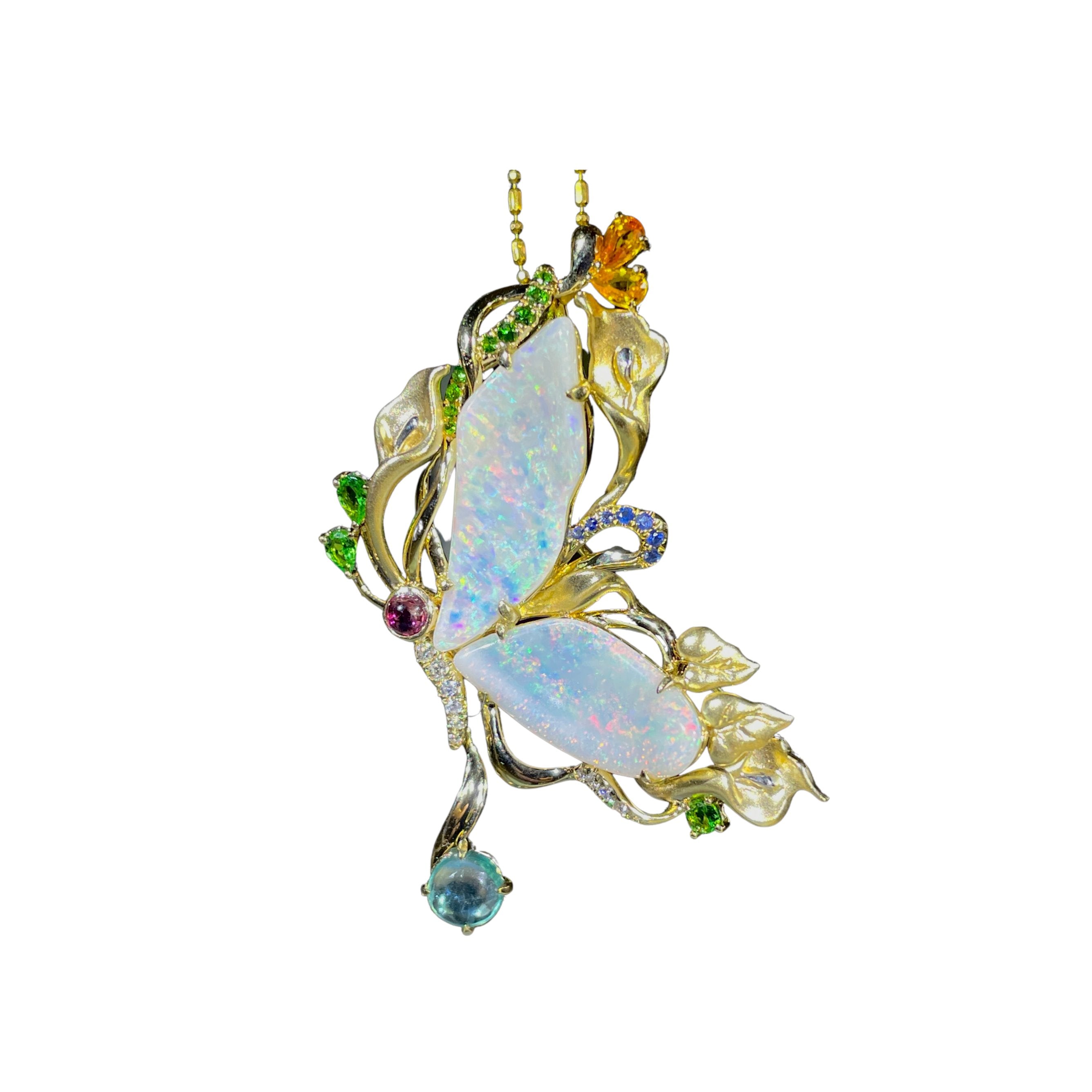 Galaxy Gold 0.7ct Opal Ruby Butterfly Pendant Necklace - 14k Solid White Gold