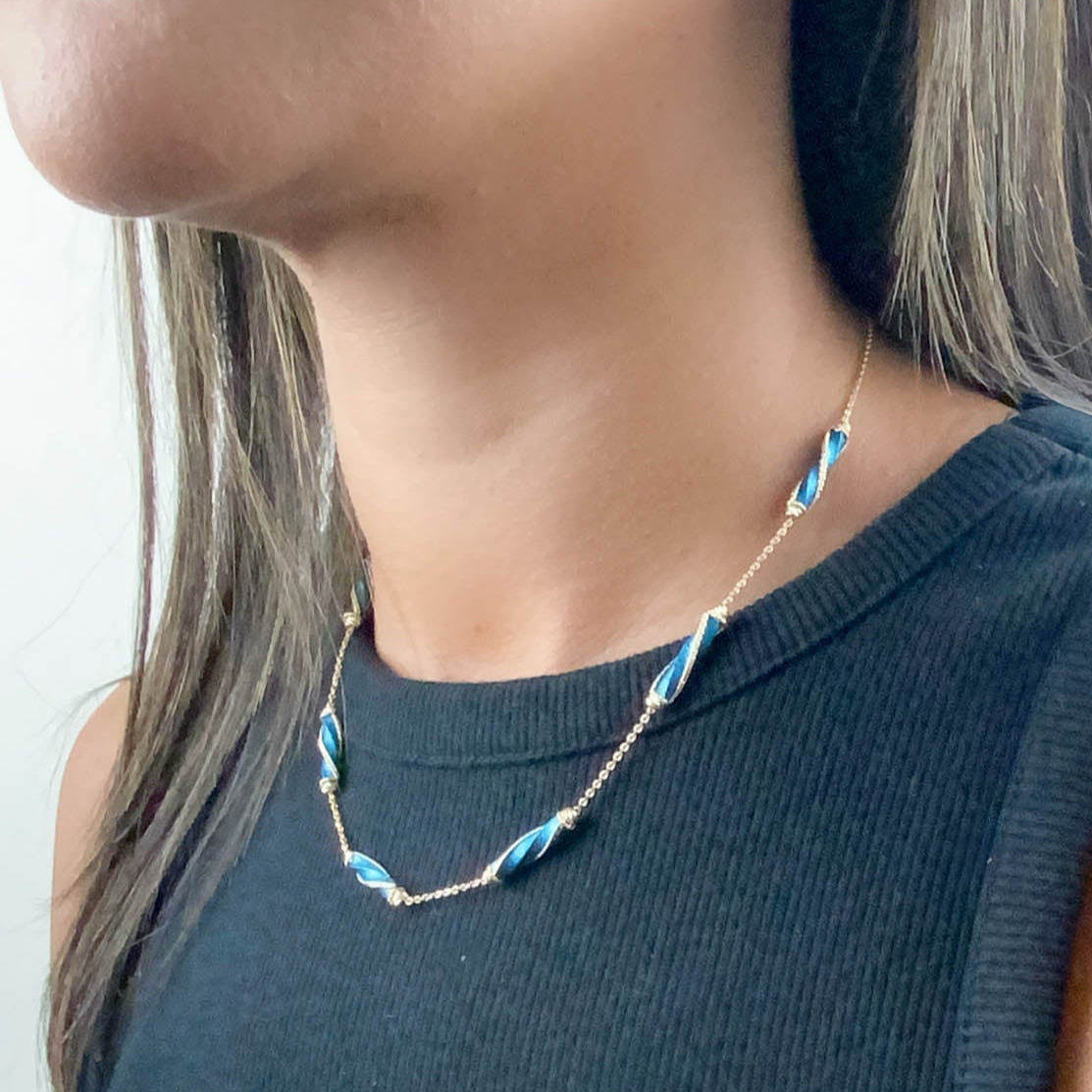 16&quot; 14K Gold Necklace 6.9g Diamond Cut and Bright Blue Enamel Spiral Links R4509 Aurora Designer