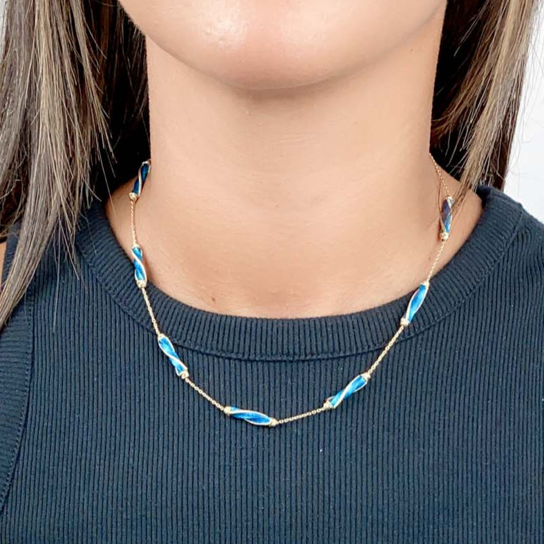 16&quot; 14K Gold Necklace 6.9g Diamond Cut and Bright Blue Enamel Spiral Links R4509 Aurora Designer