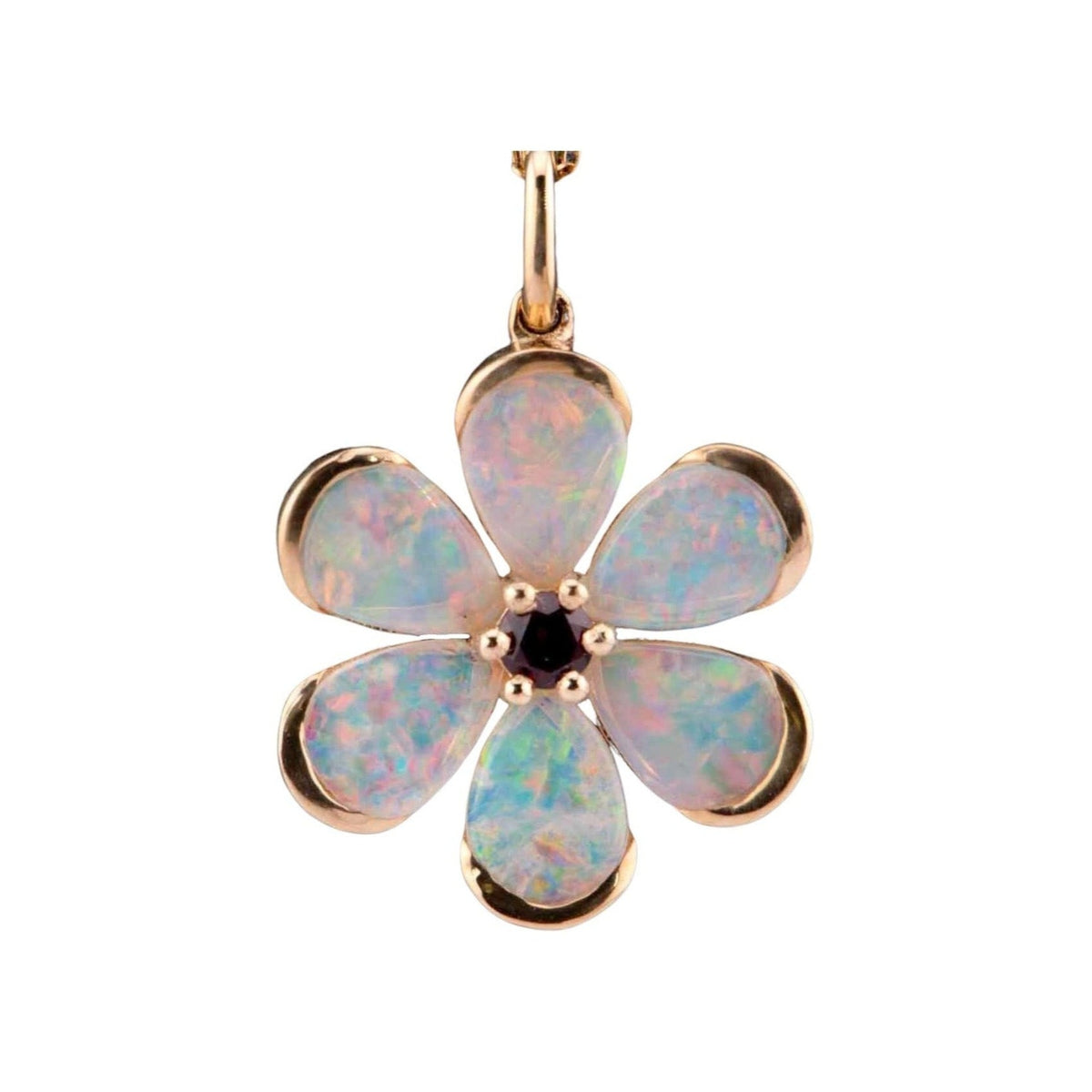 Solid Australian Opal Floral Style Pendant with Garnet Center 14K Gold R4514 Aurora Designer