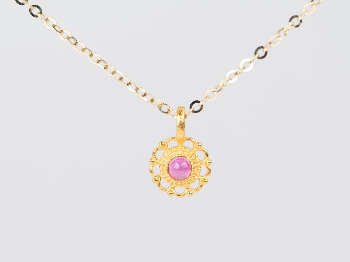 Dainty 18K Gold Ruby Charm with Delicate Lace Edge R4528 Aurora Designer