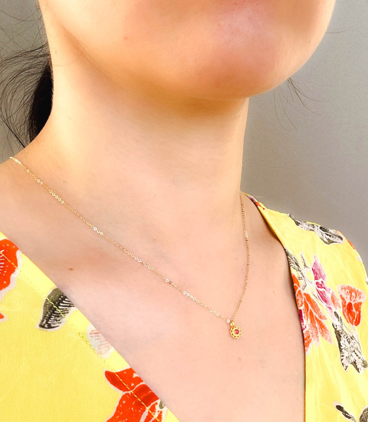 Dainty 18K Gold Ruby Charm with Delicate Lace Edge R4528 Aurora Designer