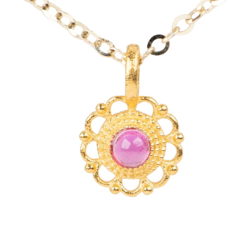 Dainty 18K Gold Ruby Charm with Delicate Lace Edge R4528 Aurora Designer
