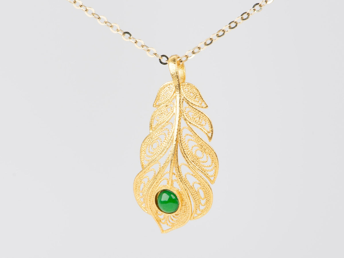 18K Gold Light Weight Feather Pendant Charm with Jade Ear Dangle R4529 Aurora Designer