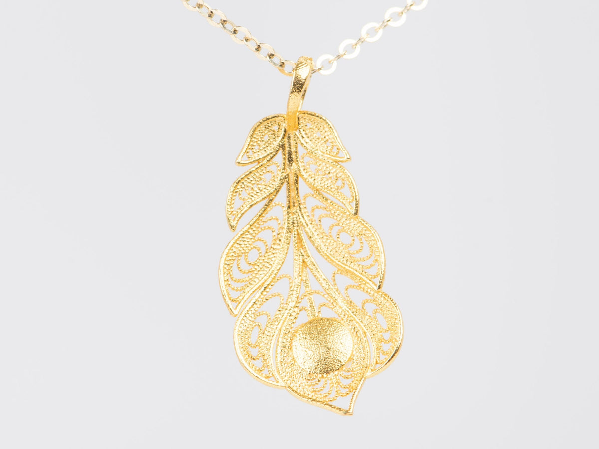 18K Gold Light Weight Feather Pendant Charm with Jade Ear Dangle R4529 Aurora Designer