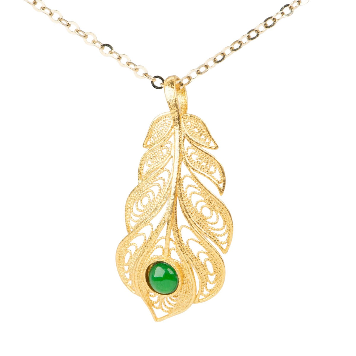 18K Gold Light Weight Feather Pendant Charm with Jade Ear Dangle R4529 Aurora Designer
