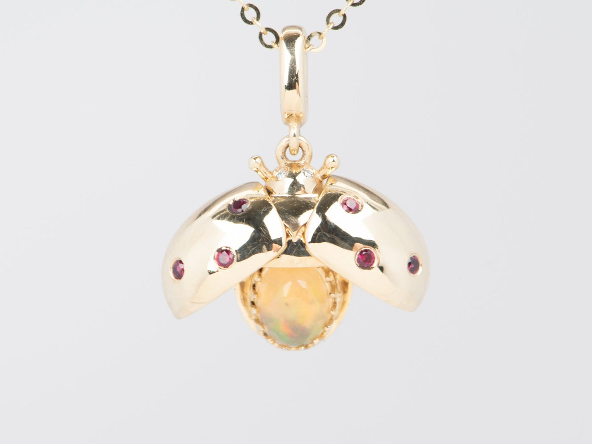 Mexican Fire Opal Ladybug Pendant with Moving Wings 14K Gold R4530 Aurora Designer