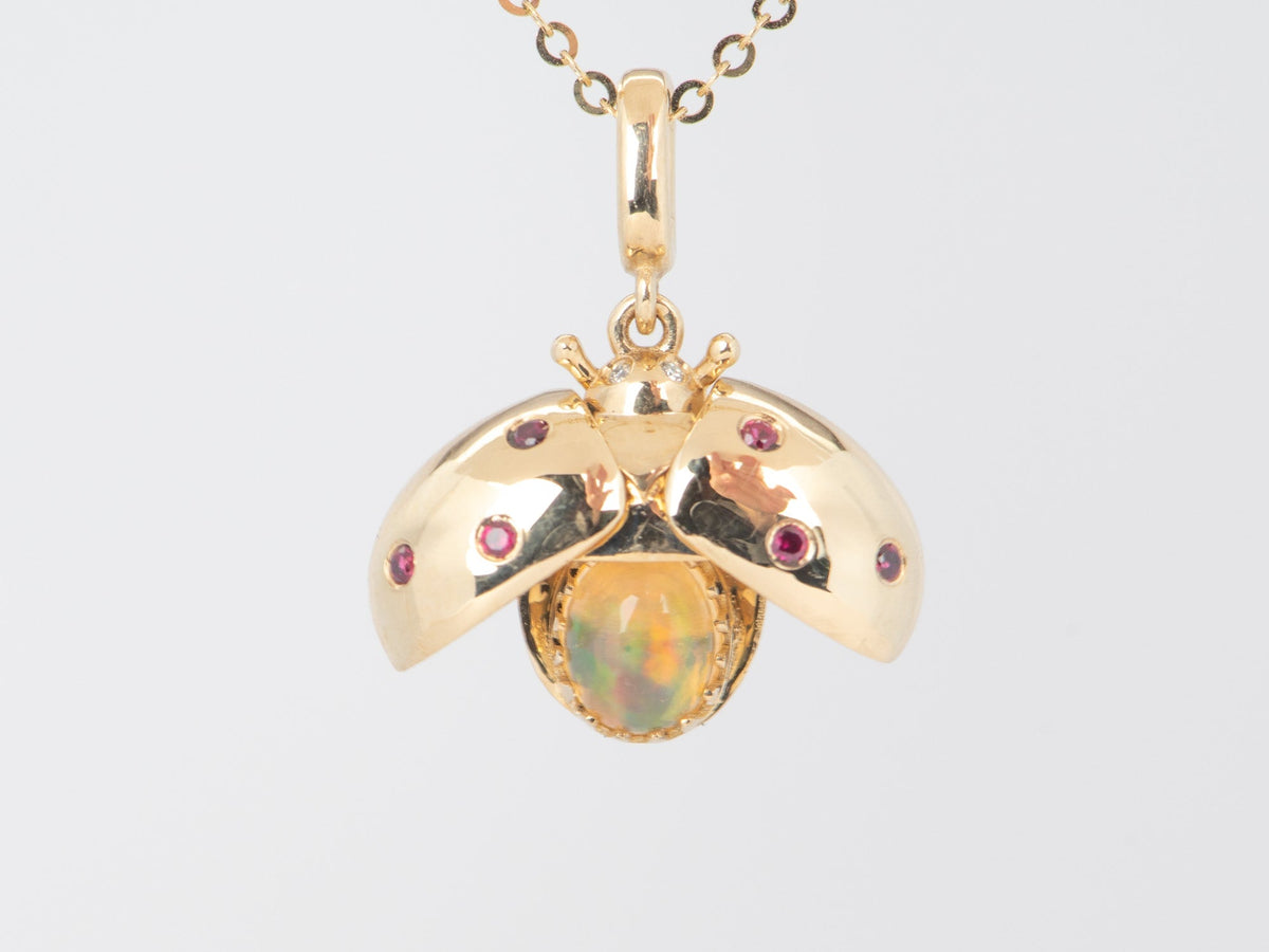 Mexican Fire Opal Ladybug Pendant with Moving Wings 14K Gold R4530 Aurora Designer