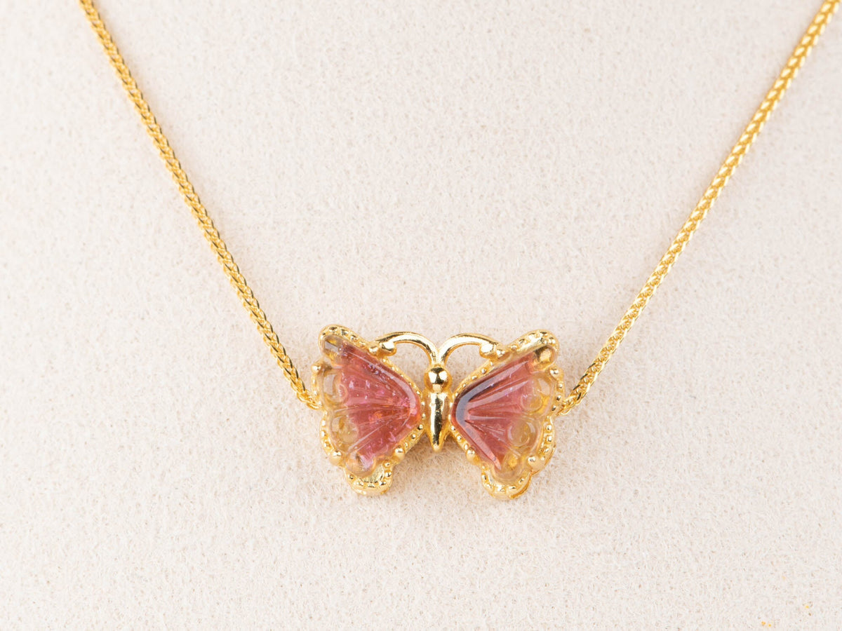 Bi-Color Tourmaline Butterfly Carving Pendant Slider Charm Sterling Silver Gold Plated Vermeil for Bracelet or Necklace Colorful Gift R4531 Aurora Designer