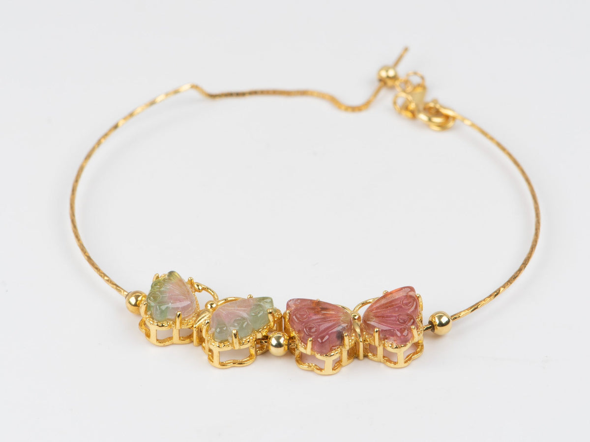 Bi-Color Tourmaline Butterfly Carving Pendant Slider Charm Sterling Silver Gold Plated Vermeil for Bracelet or Necklace Colorful Gift R4531 Aurora Designer