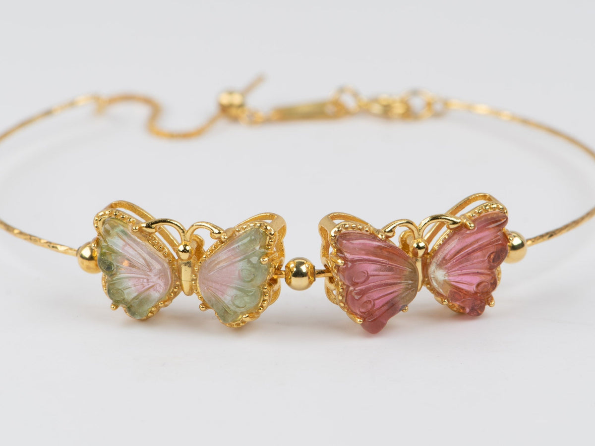 Bi-Color Tourmaline Butterfly Carving Pendant Slider Charm Sterling Silver Gold Plated Vermeil for Bracelet or Necklace Colorful Gift R4531 Aurora Designer