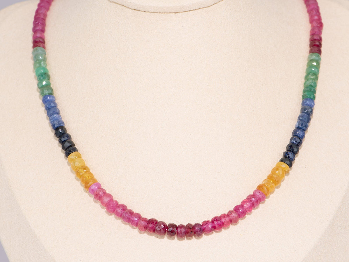 Rainbow Color 5mm Ruby Emerald Sapphire Faceted Rondelle Bead Necklace Gold Vermeil 925 Clasp R4538 Aurora Designer