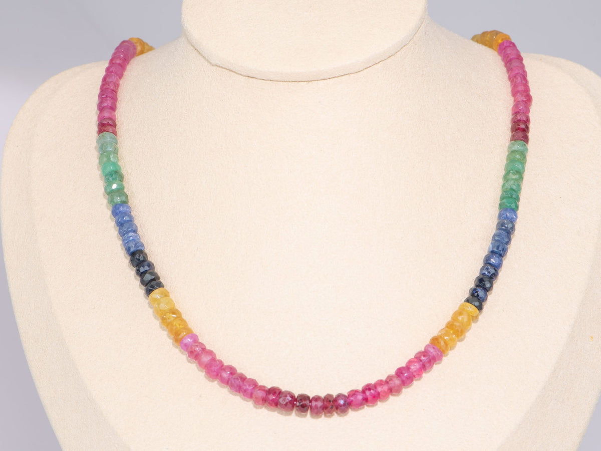 Rainbow Color 5mm Ruby Emerald Sapphire Faceted Rondelle Bead Necklace Gold Vermeil 925 Clasp R4538 Aurora Designer