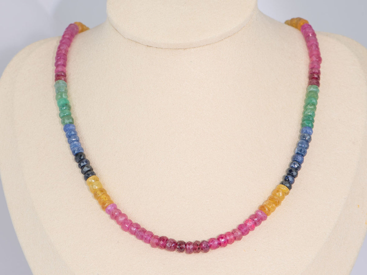 Rainbow Color 5mm Ruby Emerald Sapphire Faceted Rondelle Bead Necklace Gold Vermeil 925 Clasp R4538 Aurora Designer
