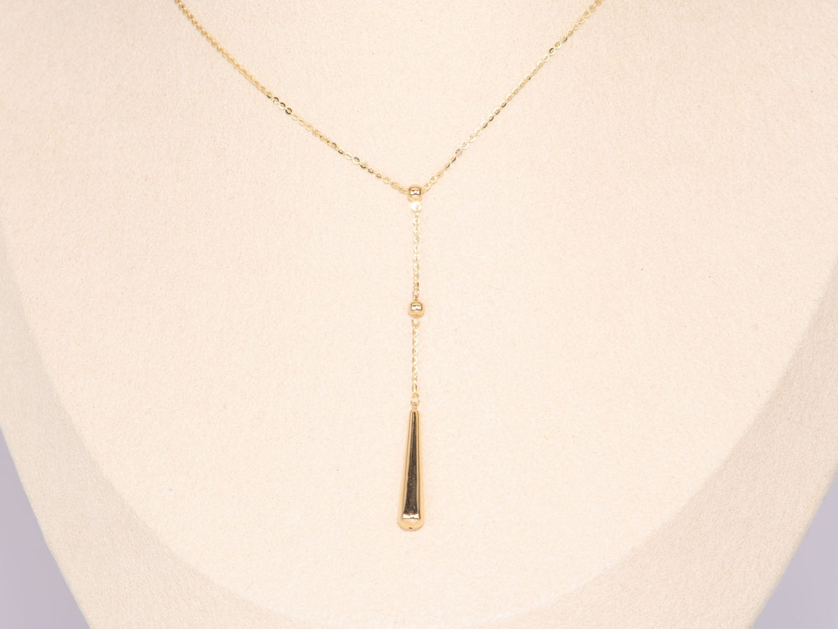 18K Gold Dainty Necklace with Lariat Y Drop Long Teardrop Pendant Charm R4541 Aurora Designer