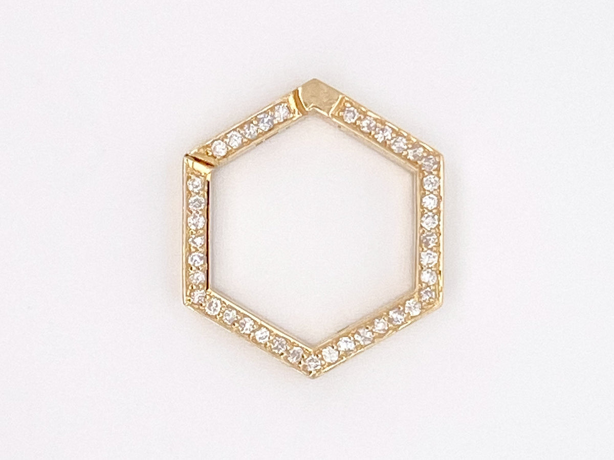 Large Hexagon-Shape 17mm Charm Holder Connector with Full Diamond Pave 14K Gold Aurora Designer