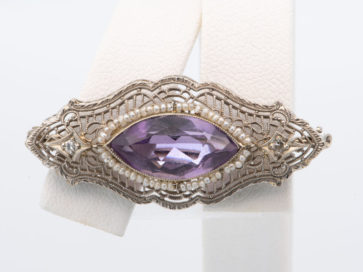 Vintage 14K White Gold Filigree Brooch Amethyst Diamond Seed Pearls 1.5&quot; 3.66g R4573 Aurora Designer