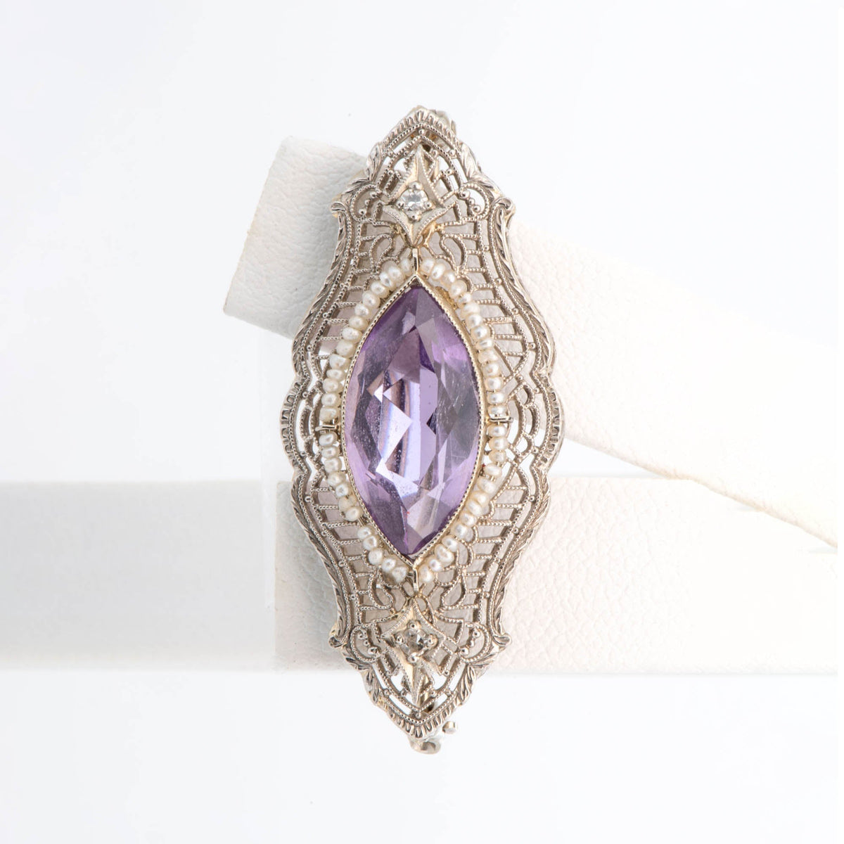 Vintage 14K White Gold Filigree Brooch Amethyst Diamond Seed Pearls 1.5" 3.66g R4573 Aurora Designer