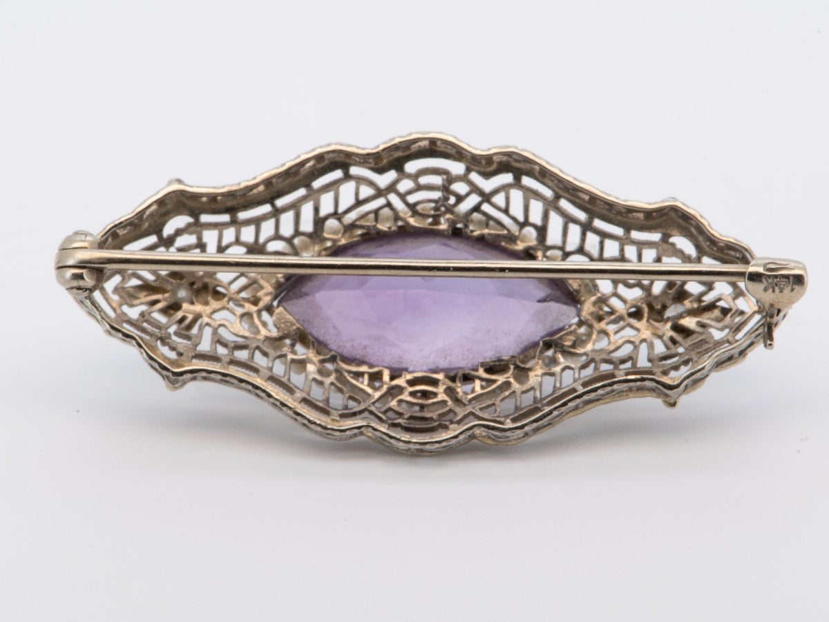 Vintage 14K White Gold Filigree Brooch Amethyst Diamond Seed Pearls 1.5&quot; 3.66g R4573 Aurora Designer