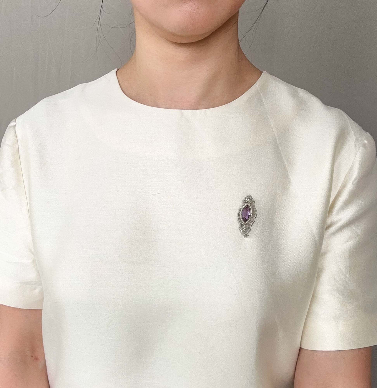 Vintage 14K White Gold Filigree Brooch Amethyst Diamond Seed Pearls 1.5&quot; 3.66g R4573 Aurora Designer