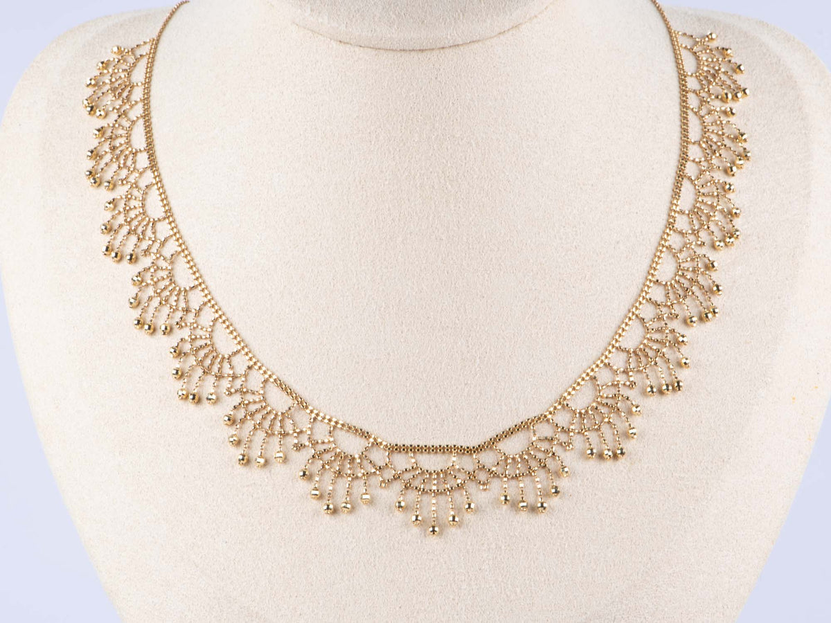 18K Gold Lace Necklace 7.56g Peacock Feather Scallop Design R4576 Aurora Designer
